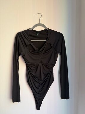 Wild Fable Black Long-Sleeve Draped Bodysuit - Women Tops